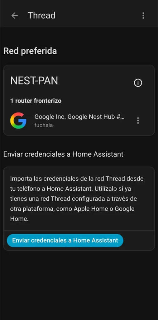 Pantalla de Home Assistant para enviar credenciales Thread desde una red Google Nest