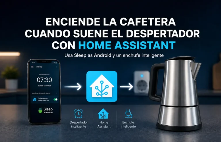 Portada del tutorial para encender una cafetera eléctrica con Home Assistant cuando suena el despertador usando Sleep as Android y un enchufe inteligente.