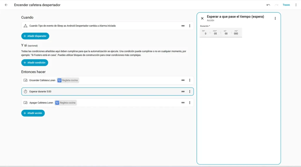 Acción de espera de 5 minutos en Home Assistant para apagar la cafetera después de encenderla con el despertador.