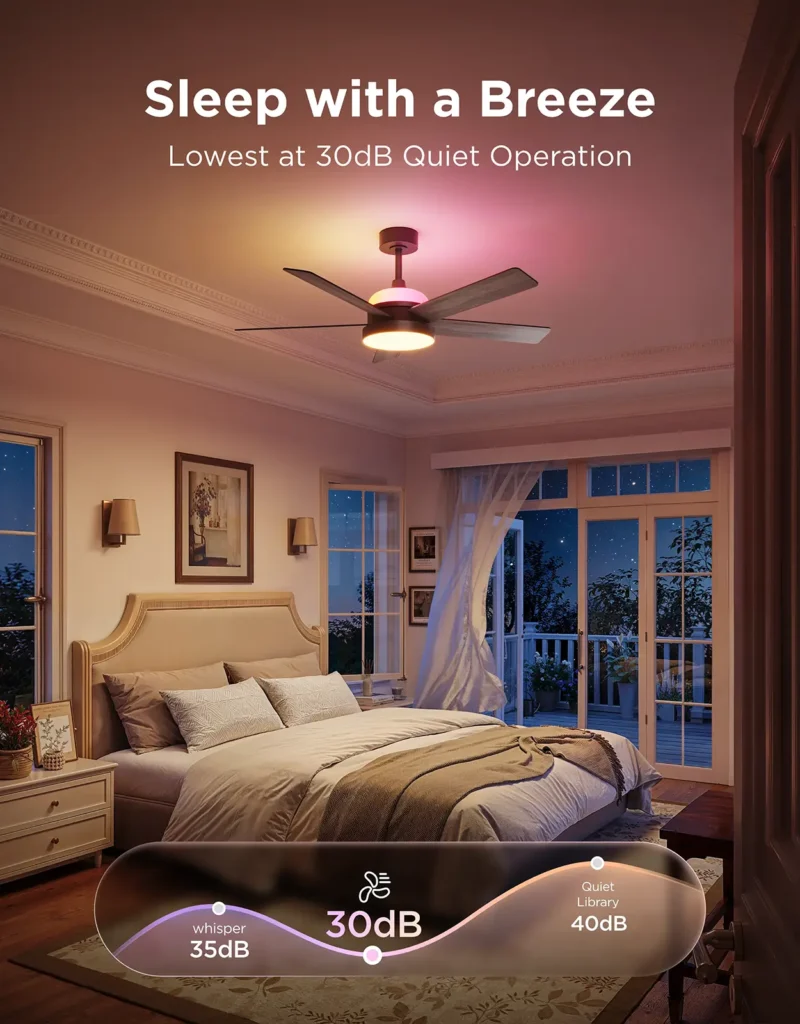 Ventilador de techo inteligente Govee H1310 instalado en un dormitorio, con iluminación ambiental y funcionamiento silencioso de 30 dB