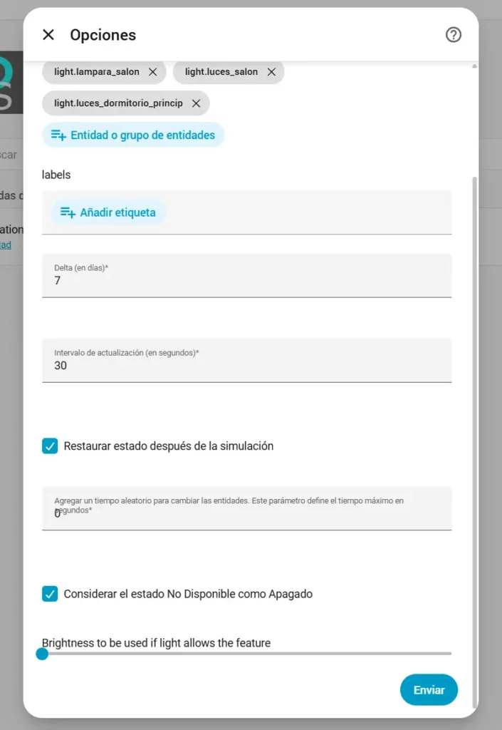 Opciones de Presence Simulation en Home Assistant con delta de 7 días, intervalo de actualización de 30 segundos y restauración de estado activada.
