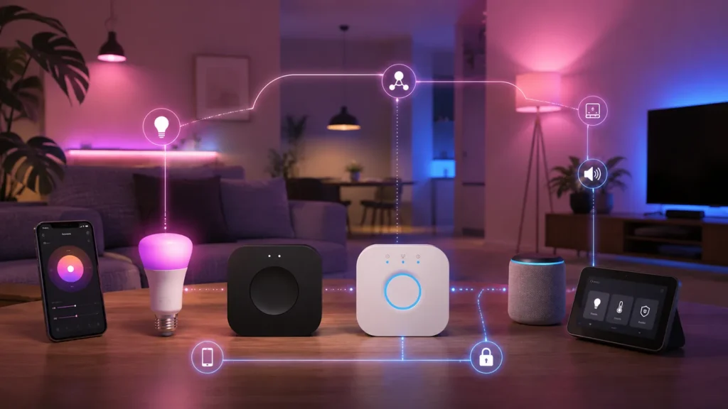 Bombilla Philips Hue, Hue Bridge y otros dispositivos de domótica conectados en una sala, representando una casa inteligente con varias plataformas.