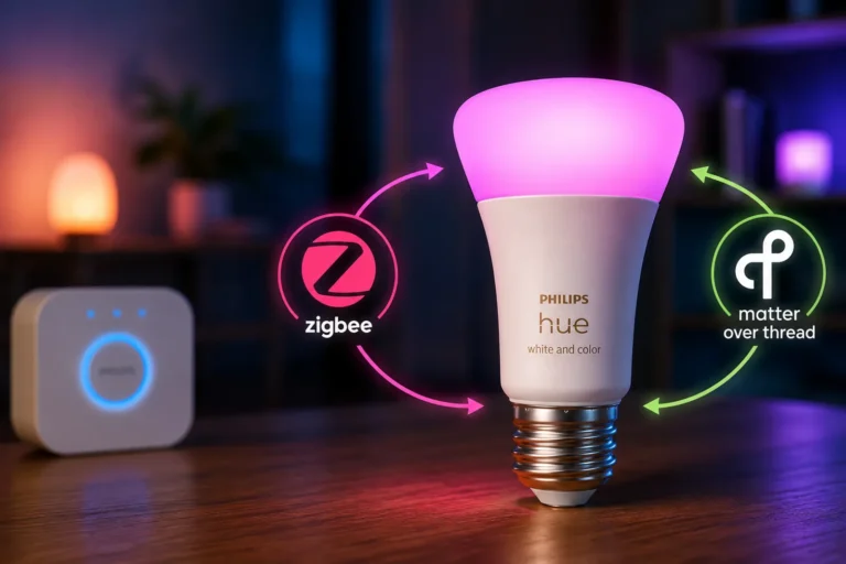 Bombilla Philips Hue sobre una mesa con iconos de Zigbee y Matter over Thread, representando el uso simultáneo de ambos protocolos.