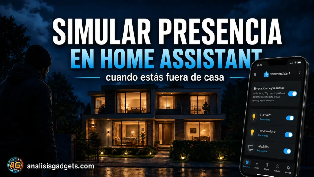 Portada del tutorial para simular presencia en Home Assistant, con una casa iluminada de noche, un móvil con la simulación activa y una persona observando desde fuera.