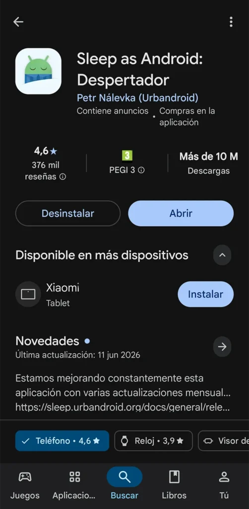Ficha de Sleep as Android en Google Play para instalar la app antes de conectarla con Home Assistant.