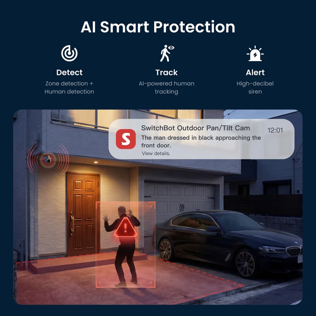 Funciones de protección inteligente de la cámara SwitchBot Outdoor Pan/Tilt Cam 3K con detección por zonas, seguimiento humano y sirena