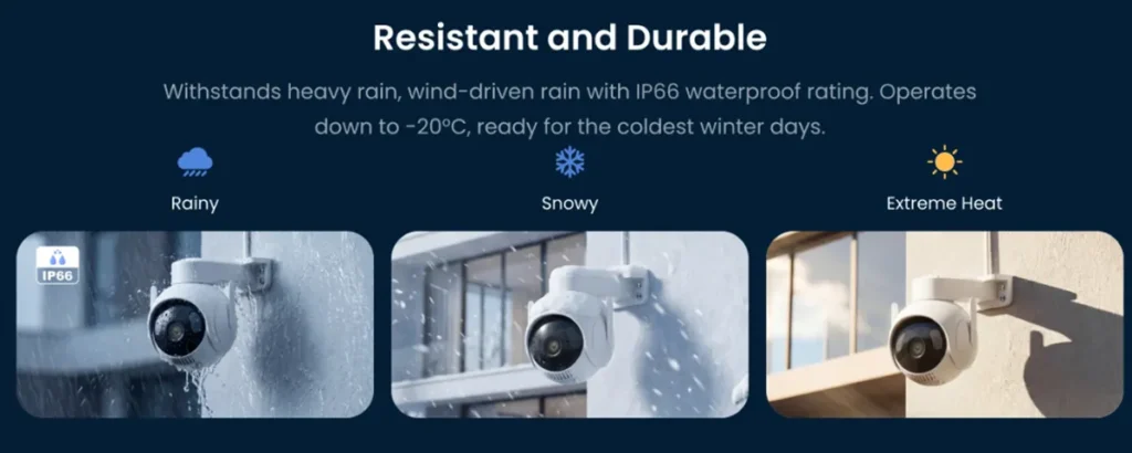 Cámara SwitchBot Outdoor Pan/Tilt Cam 3K en exteriores con protección IP66 frente a lluvia, nieve y frío de hasta -20 ºC