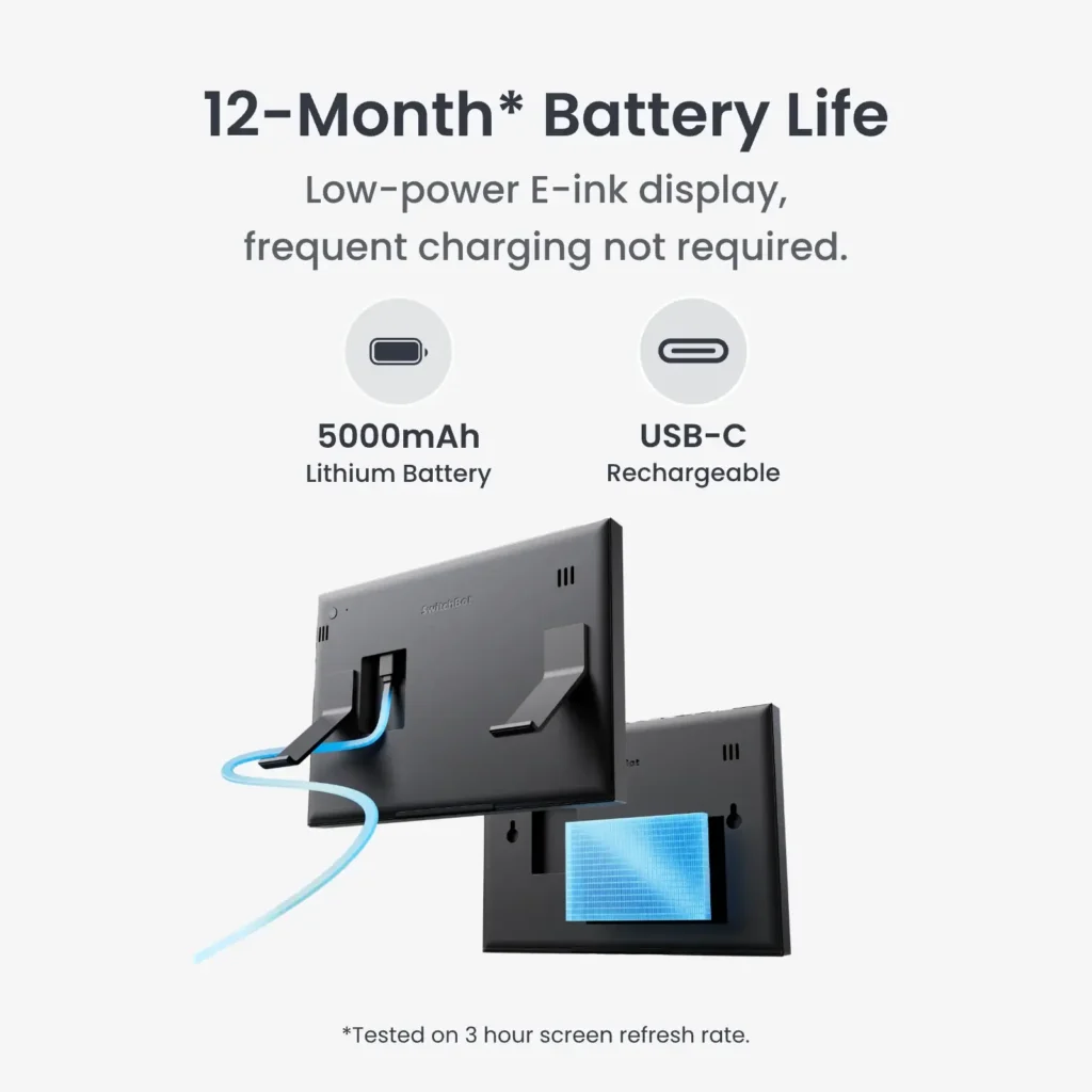 SwitchBot Weather Station mostrando batería de 5000 mAh, carga USB-C y autonomía anunciada de hasta 12 meses