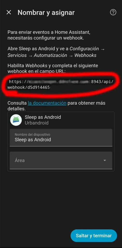 Pantalla de Home Assistant mostrando el webhook de Sleep as Android para enviar eventos del despertador a Home Assistant.