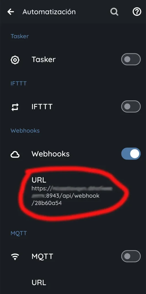 Configuración de Webhooks en Sleep as Android con la URL de Home Assistant para enviar eventos del despertador.