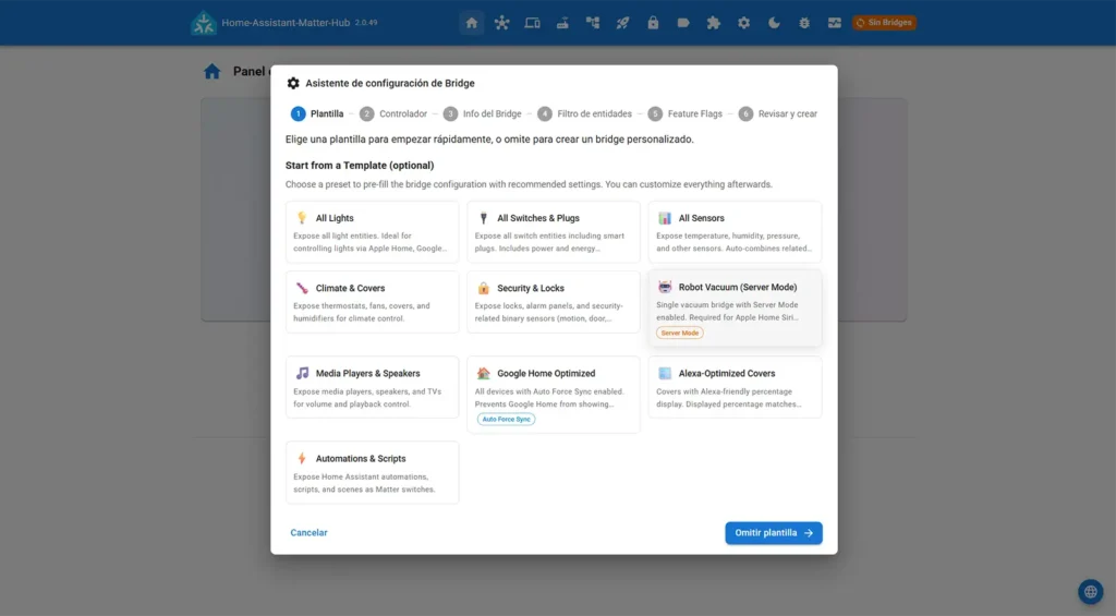 Asistente de configuración de Bridge en Home Assistant Matter Hub mostrando las plantillas disponibles, incluyendo Google Home Optimized y Alexa-Optimized Covers, con la opción de omitir plantilla