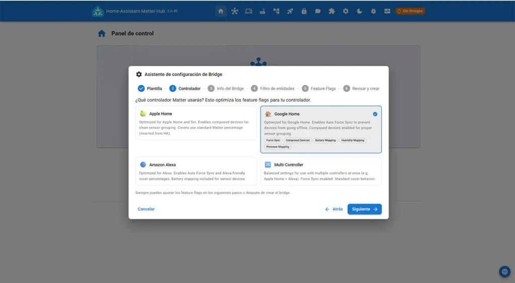 Paso 2 del asistente de configuración de Bridge en Home Assistant Matter Hub, con Google Home seleccionado como controlador y sus feature flags