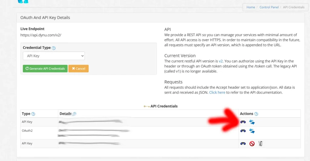 Pantalla de API Credentials en Dynu DNS con la opción para mostrar la API Key señalada