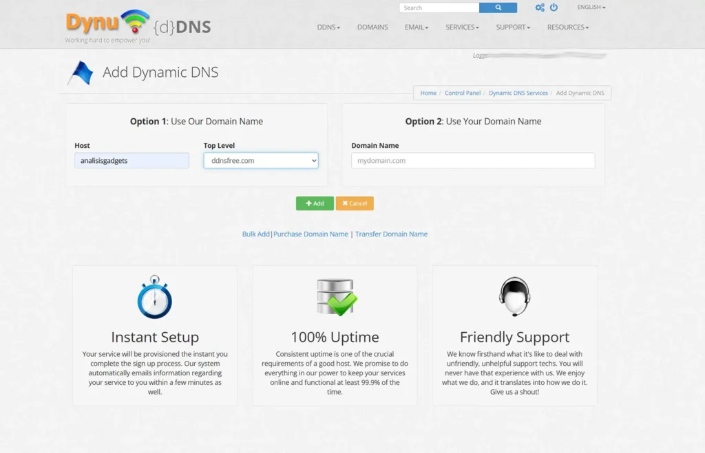 Pantalla de Dynu DNS para crear un dominio dinámico usando un host propio y el dominio gratuito ddnsfree.com