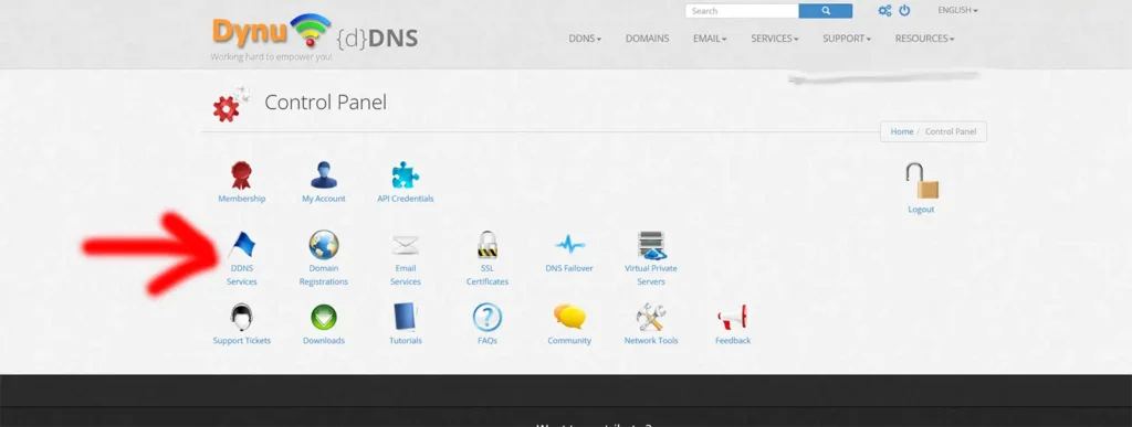 Panel de control de Dynu DNS con la opción DDNS Services señalada para crear un dominio dinámico