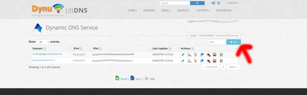 Pantalla de Dynamic DNS Service en Dynu DNS con el botón Add señalado para añadir un nuevo dominio dinámico