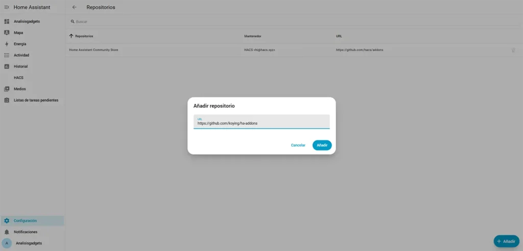 Ventana de Home Assistant para añadir el repositorio de Dynu DNS mediante la URL de GitHub