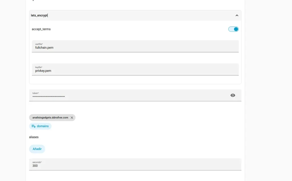 Configuración del complemento Dynu DNS en Home Assistant con Let’s Encrypt, token API y dominio DDNS añadidos