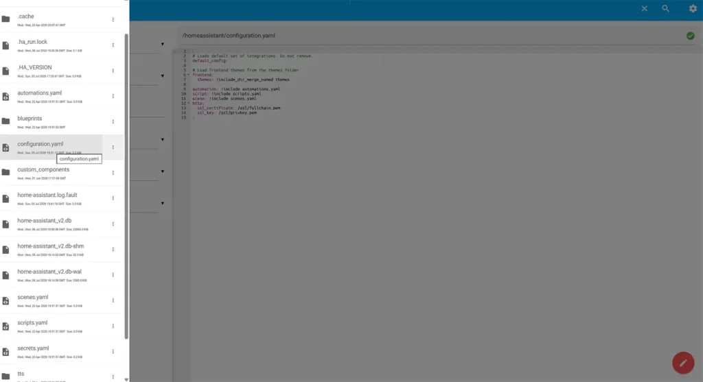 Archivo configuration.yaml de Home Assistant con la configuración SSL de Let’s Encrypt añadida