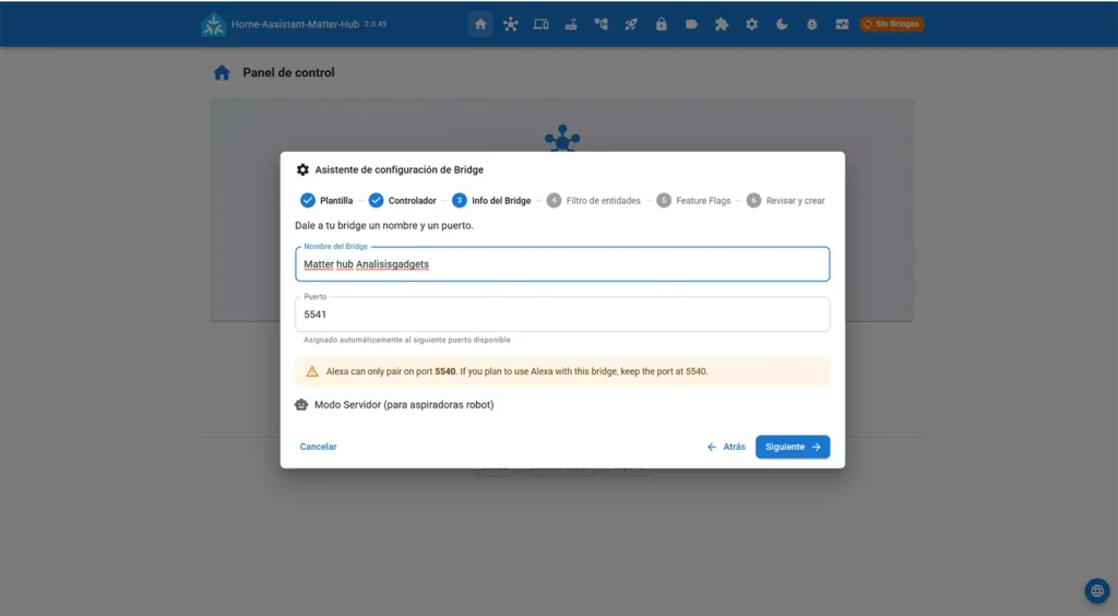 Paso 3 del asistente de Bridge en Home Assistant Matter Hub, con el nombre 'Matter hub Analisisgadgets', el puerto 5541 y el aviso sobre el puerto 5540 reservado para Alexa