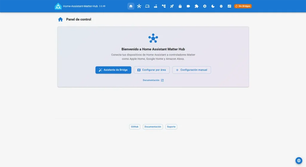 Panel de control de Home Assistant Matter Hub mostrando las tres opciones de configuración: Asistente de Bridge, Configurar por área y Configuración manual