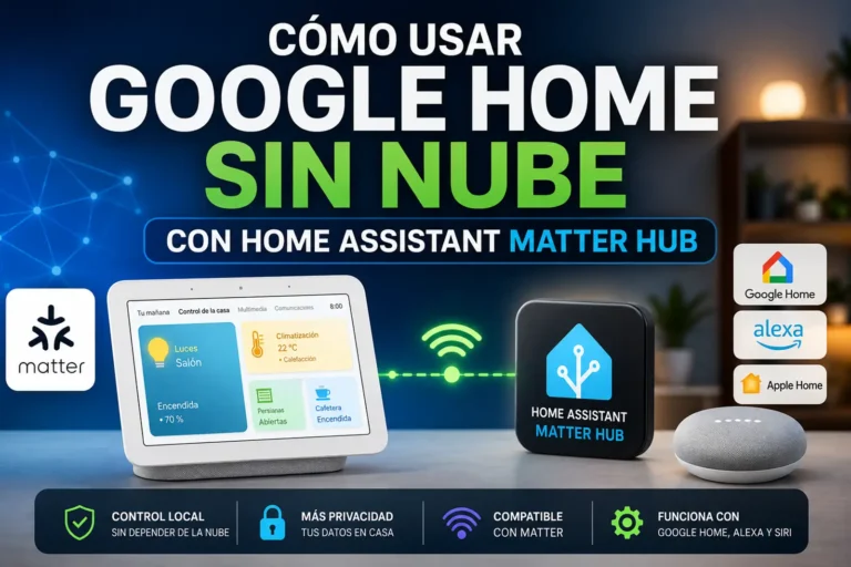 Portada del tutorial 'Cómo usar Google Home sin nube con Home Assistant Matter Hub', con un Google Nest Hub, el logotipo de Matter y los logos de Google Home, Alexa y Apple Home