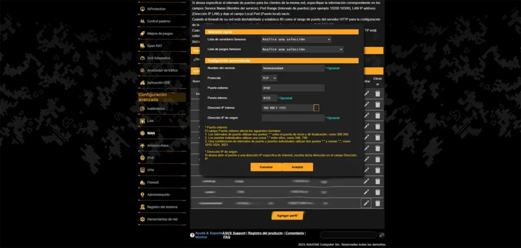 Configuración de redirección de puertos en un router ASUS para acceder a Home Assistant desde Dynu DNS