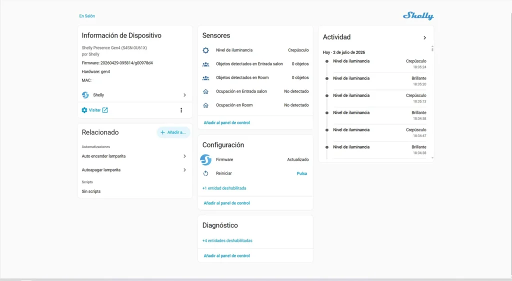 Shelly Presence Gen4 en Home Assistant mostrando sensores de iluminancia, ocupación por zonas y objetos detectados