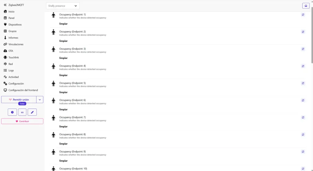 Shelly Presence Gen4 en Zigbee2MQTT mostrando las 10 zonas de ocupación