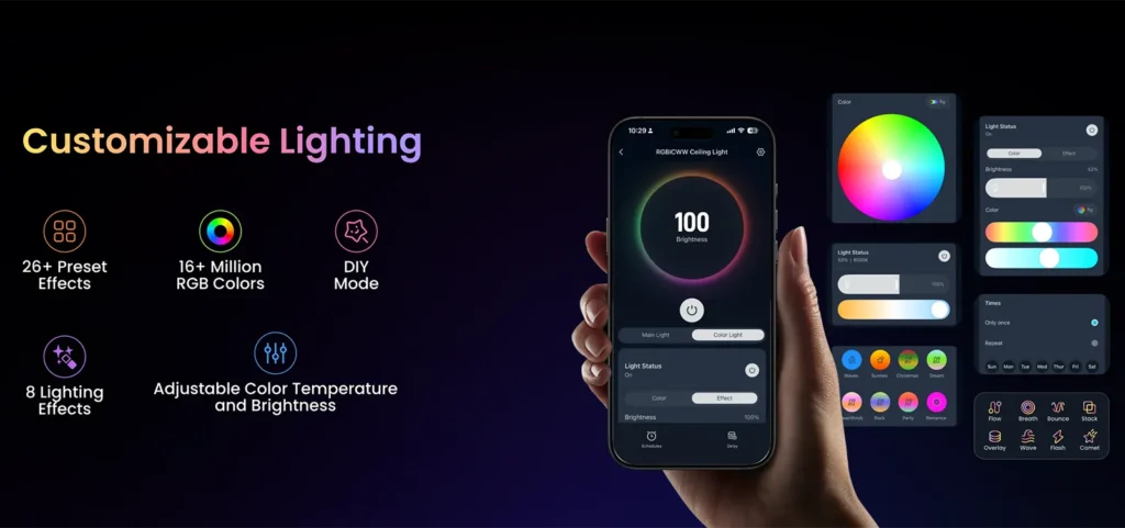 Control de la SwitchBot RGBICWW Ceiling Light desde la app con escenas, efectos RGB, ajuste de color y brillo