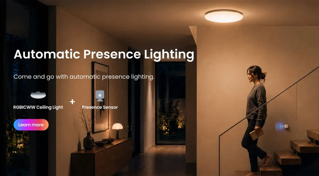 Lámpara de techo SwitchBot RGBICWW Ceiling Light con iluminación automática mediante sensor de presencia en una escalera interior
