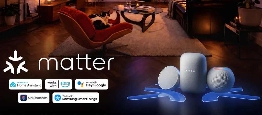 Lámpara de techo SwitchBot RGBICWW Ceiling Light compatible con Matter en un salón con logos de Home Assistant, Alexa, Google Home, Siri y SmartThings