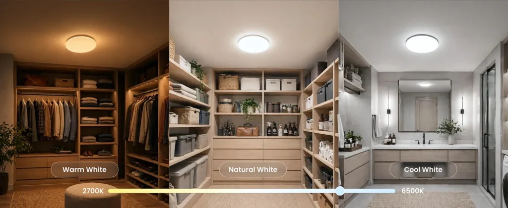 Lámpara de techo SwitchBot RGBICWW Ceiling Light mostrando luz cálida, natural y fría entre 2700K y 6500K