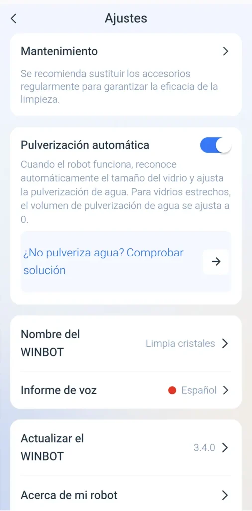 Ajuste de pulverización automática en la app del ECOVACS WINBOT Mini 2: en cristales estrechos el volumen de agua se ajusta a 0