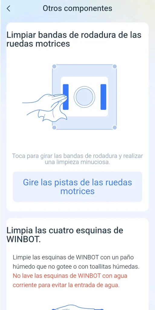 Instrucciones de la app ECOVACS para limpiar las ruedas motrices y las esquinas del WINBOT Mini 2