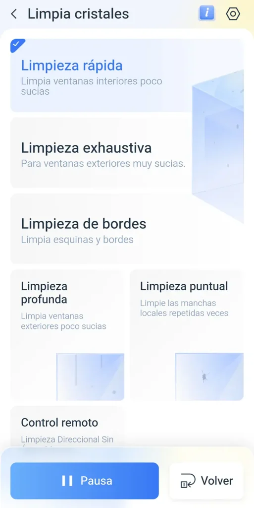 Modos de limpieza disponibles en la app del ECOVACS WINBOT Mini 2: rápida, exhaustiva, bordes, profunda, puntual y control remoto