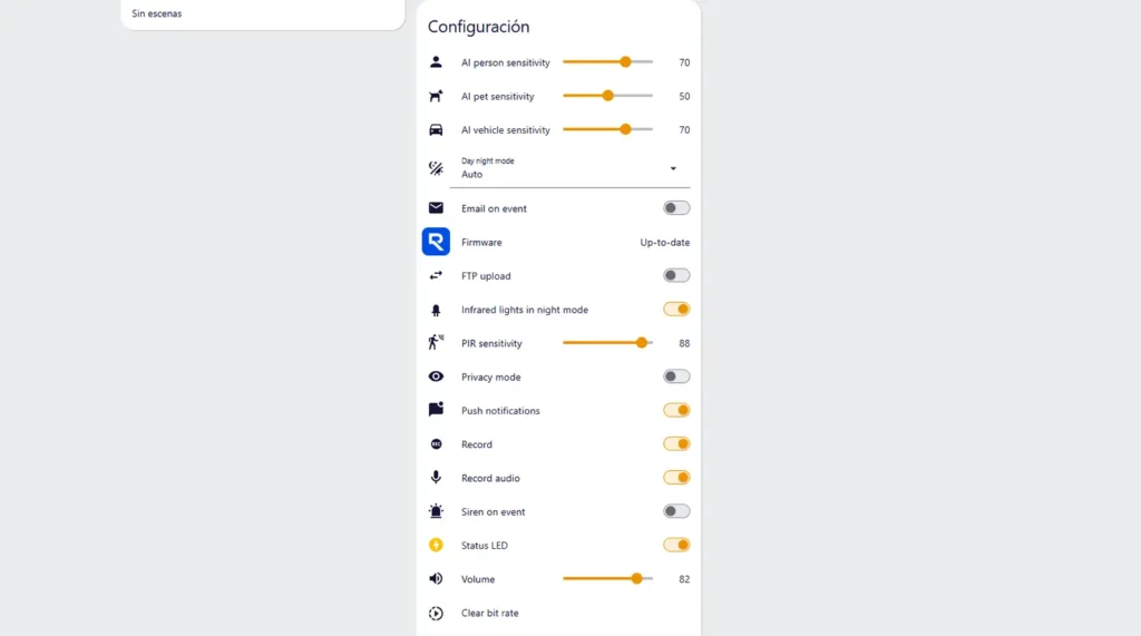 Panel de configuración de la Reolink Argus MagiCam integrada en Home Assistant