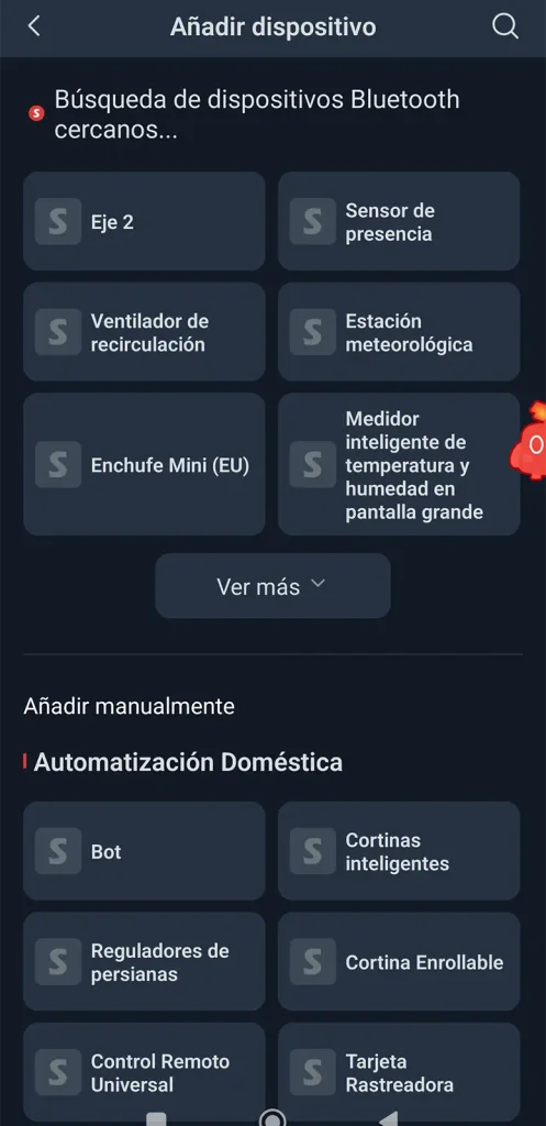 Captura de la app de SwitchBot en la pantalla de añadir dispositivo, con las opciones Estación meteorológica y Medidor inteligente de temperatura y humedad en pantalla grande