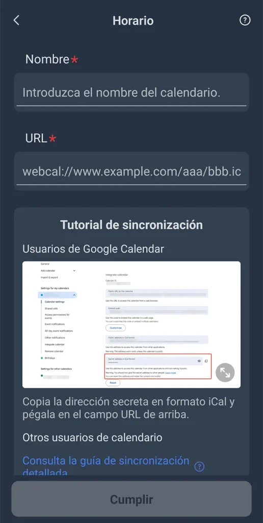 Pantalla de configuración del calendario en la app de SwitchBot, mal traducida como Horario, con el campo para pegar la URL iCal