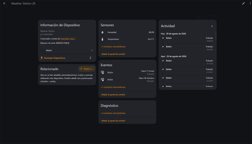 Panel de Home Assistant mostrando el SwitchBot E-Ink Home Dashboard conectado por Matter a través de SwitchBot Hub 2, con sensores de temperatura, humedad y registro de pulsaciones del botón