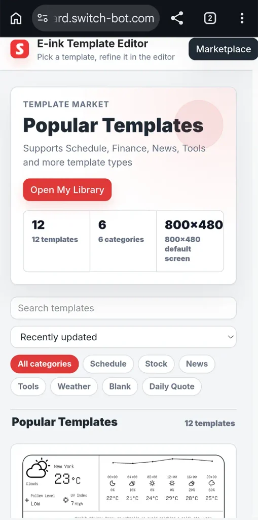 Marketplace de plantillas online del SwitchBot E-Ink Home Dashboard con 12 diseños disponibles organizados en 6 categorías