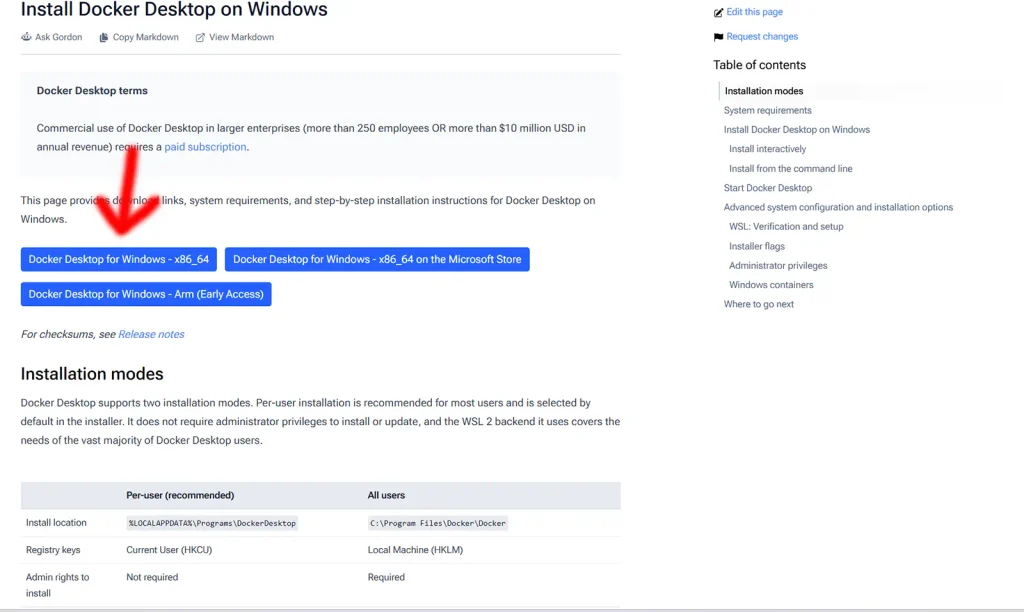 Página oficial de Docker mostrando los botones de descarga de Docker Desktop para Windows