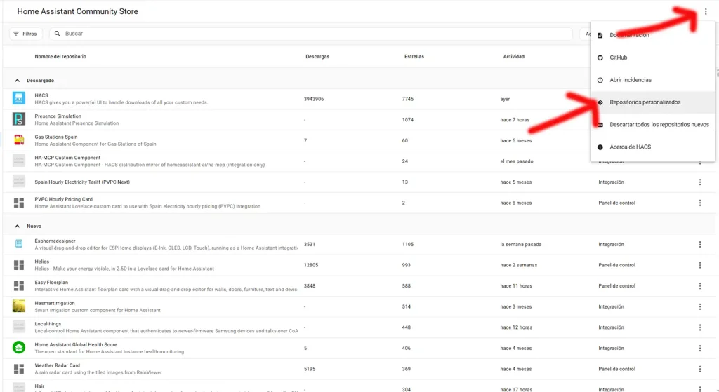 Menú de tres puntos de HACS en Home Assistant con la opción Repositorios personalizados para instalar Tuya Local