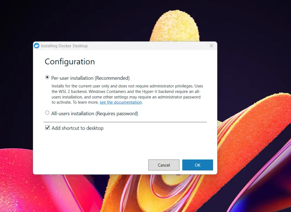 Ventana de configuración del instalador de Docker Desktop con las opciones de instalación por usuario o para todos