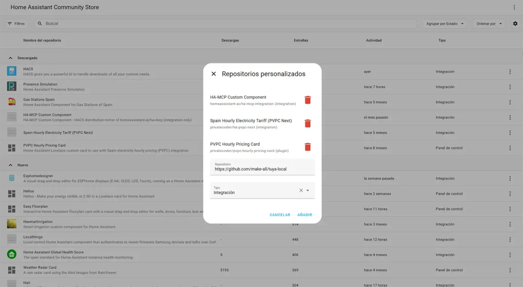 Ventana de repositorios personalizados de HACS con la URL de Tuya Local y el tipo Integración antes de pulsar Añadir