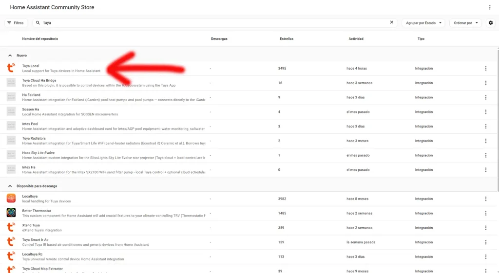 Búsqueda de Tuya Local en HACS con la integración marcada en la lista de repositorios, junto a otras como Localtuya