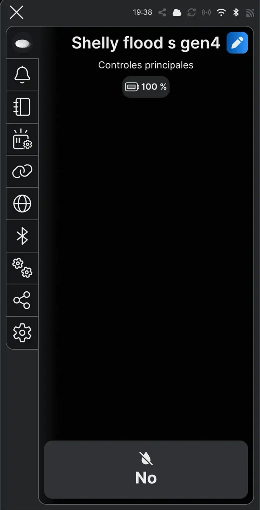 Pantalla principal del Shelly Flood S Gen4 en la app Shelly Smart Control, mostrando batería al 100% y estado sin fuga detectada