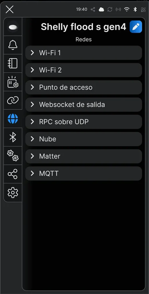 Apartado de Redes en la app Shelly, con las opciones de WiFi, punto de acceso, nube, Matter y MQTT del Shelly Flood S Gen4