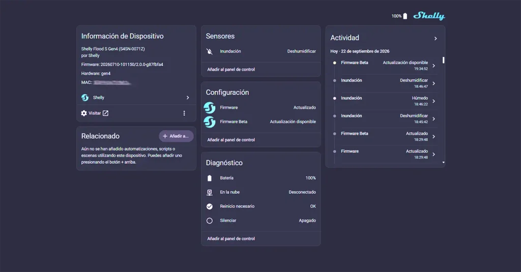 Panel de Home Assistant con la integración del Shelly Flood S Gen4: sensores, diagnóstico y registro de actividad de inundación