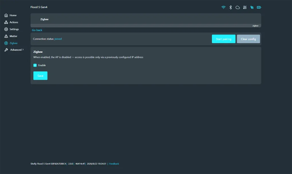 Interfaz web local del Shelly Flood S Gen4 mostrando la configuración de Zigbee con el estado de conexión 'joined